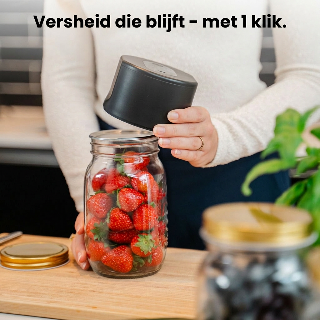 Vacuümsealer maakt een pot aardbeien luchtdicht met één klik