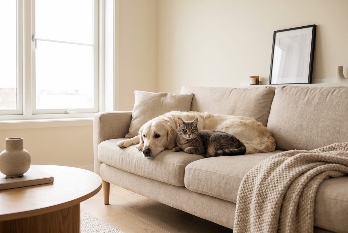 Hond en kat samen op de bank — Kwispel & Spin huisdiercollectie