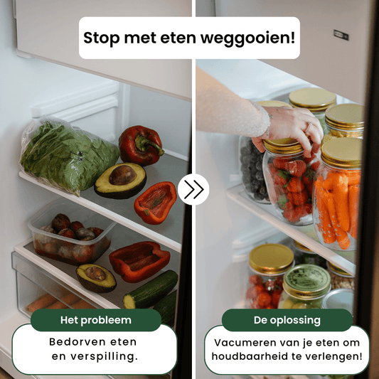 Voor en na: losse restjes tegenover luchtdicht bewaarde potten in de koelkast