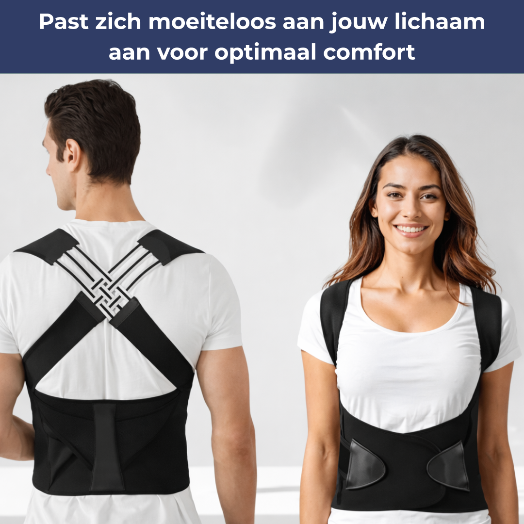 Man en vrouw dragen de rugbrace over een shirt